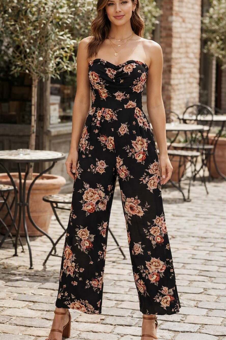 Band of Gypsies Black Floral Print Strapless Ruched Wide Leg Jumpsuit Large